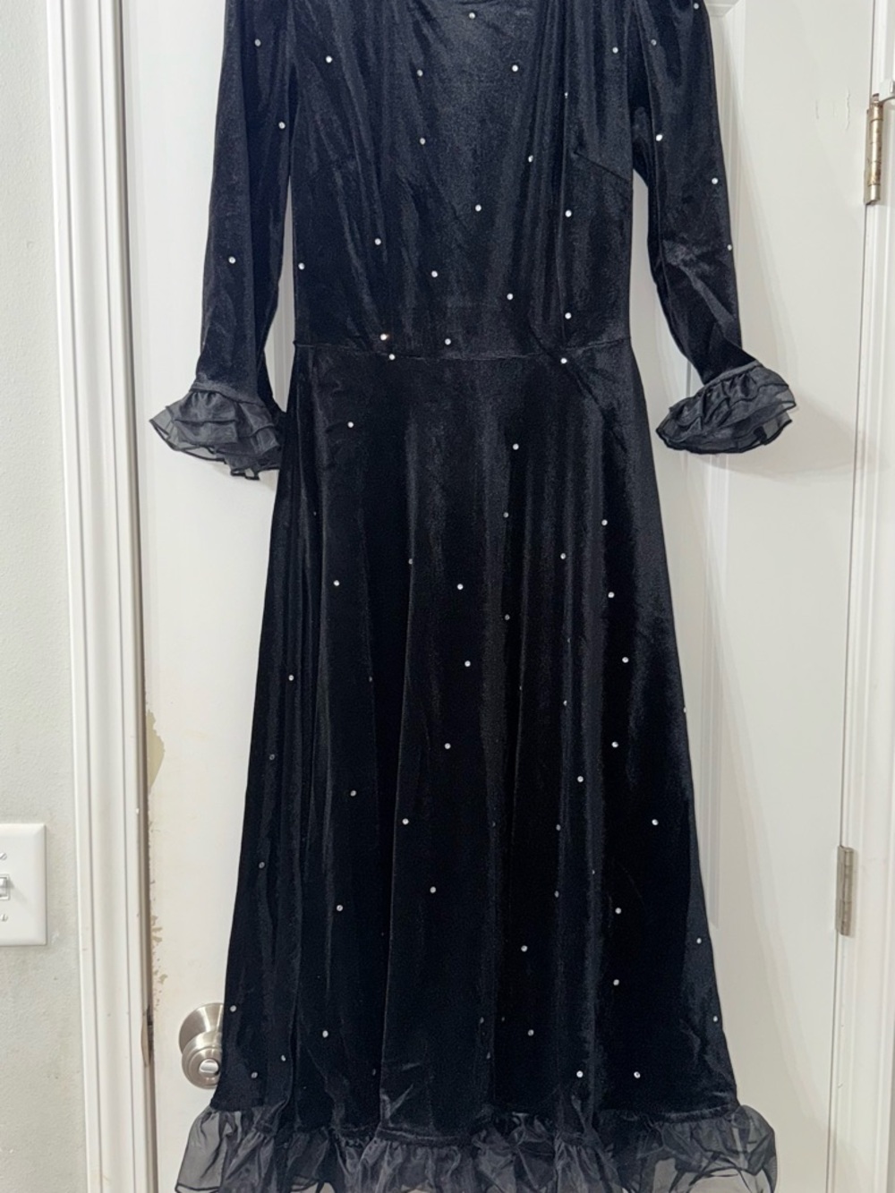 Black Velvet Long-Sleeve Ruffle Hem Dress with Crystal Accents